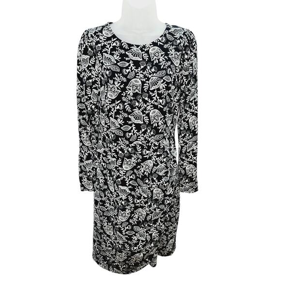 Boden Black & White Floral Long Sleeve Ruched Jersey Mini Dress Women's size 12L - Picture 1 of 13